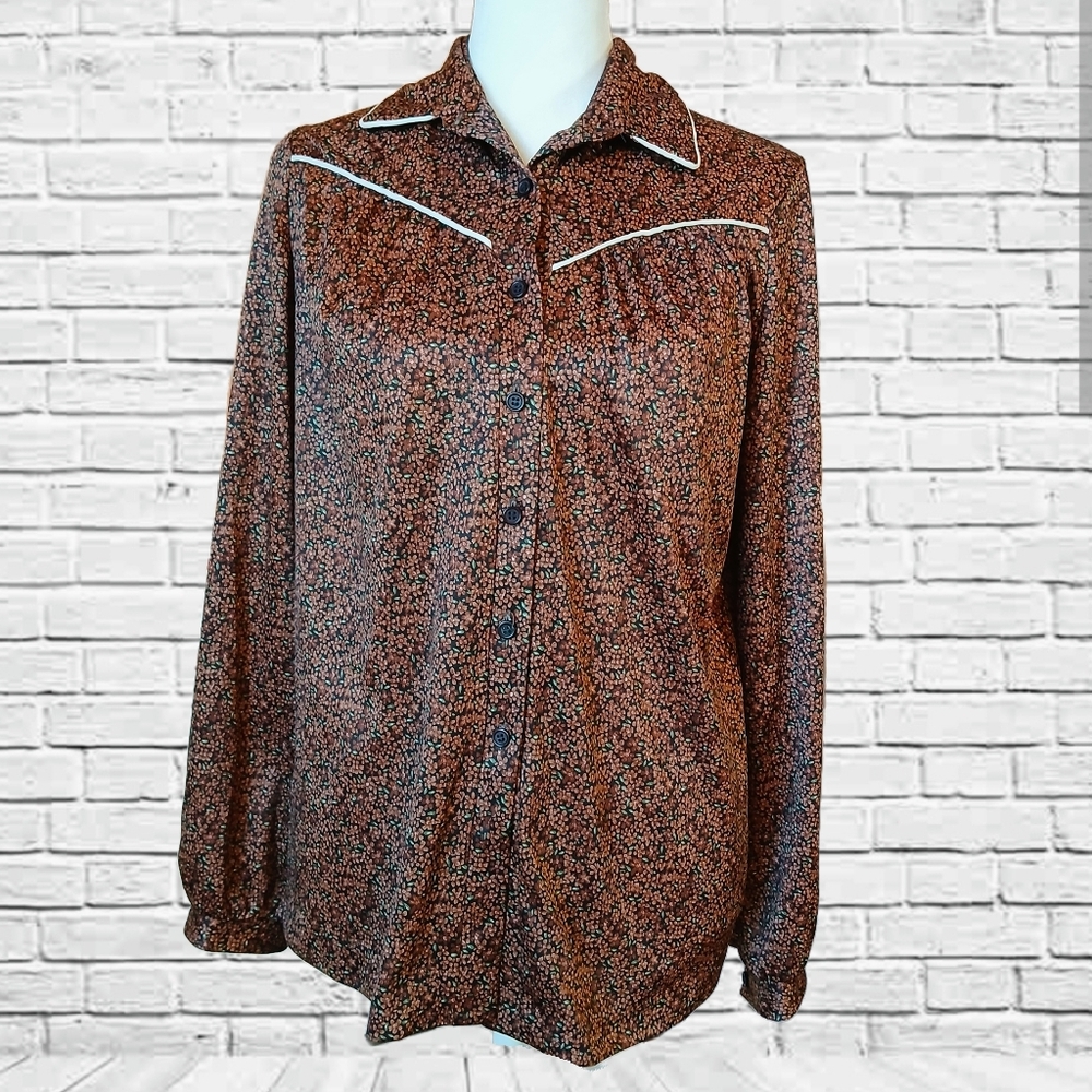 Vintage 70s 80s Floral Blouse Top Size S Brown, Black, Green Long Sleeve